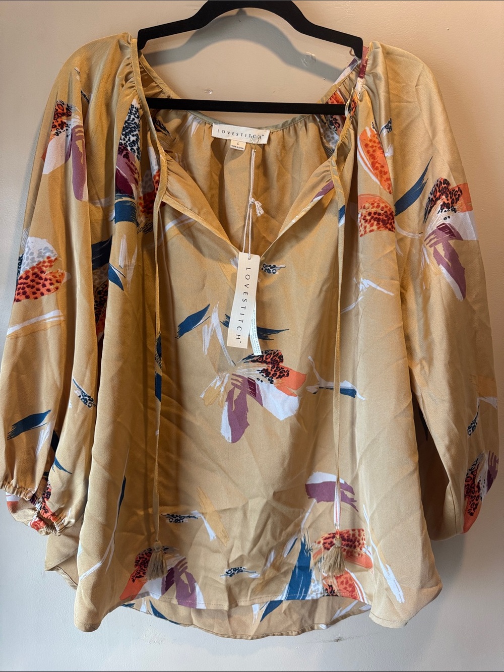 lovestitch Mustard Floral Peasant Blouse with Tassels